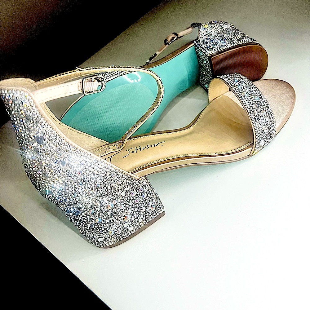 Betsey Johnson Mari Champagne 8.5, rhinestone embellished silver heels